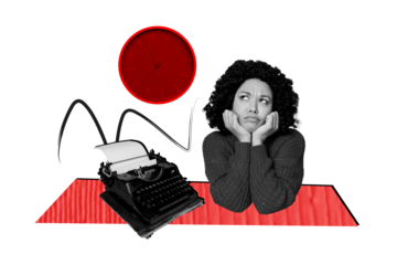 Composite photo collage of upset american girl sit look watch deadline typewriter machine author novel paper isolated on painted background