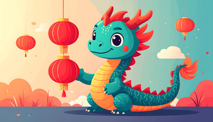 Fototapeta premium cute little dragon with chinese lantern cartoon illustration