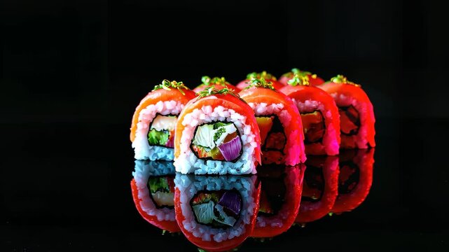 Row of vibrant salmon Sushi rolls on a black reflecting surface.