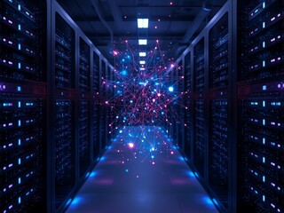 Futuristic server room with vibrant network node, showcasing cutting-edge data technology and seamless connectivity for innovative tech solutions