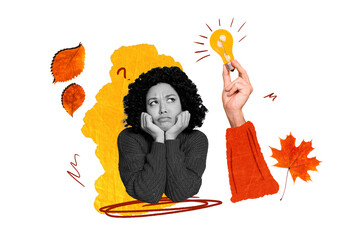 Composite photo collage of minded american hand light bulb power idea dry leaves autumn foliage isolated on painted background