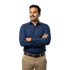 Confident businessman with arms crossed looking thoughtfully into the distance, projecting professionalism and success in a modern business context.