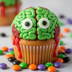 A creepy and fun vanilla cupcake decorated with green frosting to look like a zombie brain, complete with candy eyes and red syrup for a spooky Halloween party