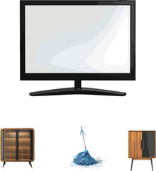 lcd tv screen in color style, set of household appliances in color style 
