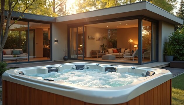 Outdoor hot tub in modern backyard. Jacuzzi bubbles with relaxation at home. Luxury spa, patio and deck at house in summer sunset light. Contemporary design and lifestyle.