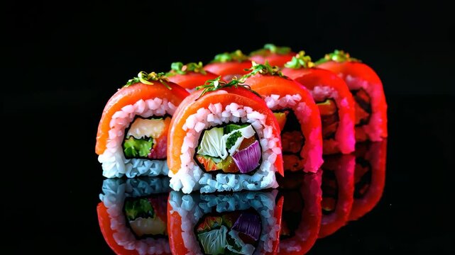 Row of vibrant salmon Sushi rolls on a black reflecting surface.