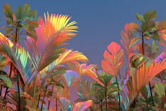 holographic jungle theme, abstract palm composition, vivid lighting. Generative AI