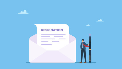 Businessman with pen writing resignation email. Professional write resignation letter to quit job or inform to leave company, change new job or notify boss, manager of dismissal.