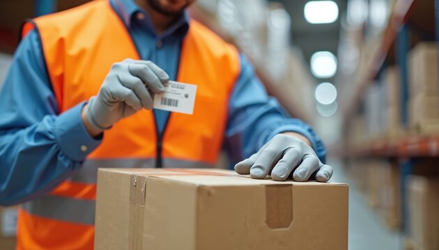 Worker in orange safety vest, gray gloves applies barcode label to brown cardboard box. Man processes package in large warehouse storage facility. Employee handles item for logistics, shipping,
