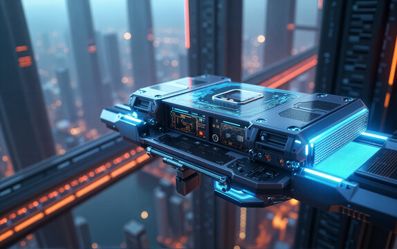 New York City night skyline blended with futuristic computer circuit elements