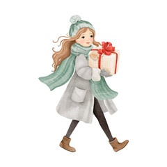 Young woman walks with gift in her hands, beautiful girl in winter clothes to hurry to visit, to party, or from the store. Watercolor winter isolated illustration of cute character design.