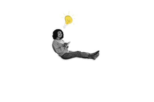 Composite trend artwork sketch photo collage of copyspace monochrome miniature lady student write note sit speech cloud idea lamp