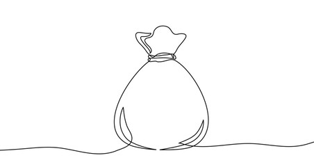Money bag in one line art style. Money bag drawing with editable black stroke on white background. Vector illustration.