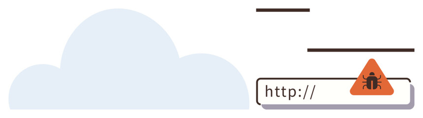 Cloud element with browser URL showing alert icon containing bug. Ideal for cybersecurity, warning, software protection, data safety, online risks, IT security, simple flat metaphor