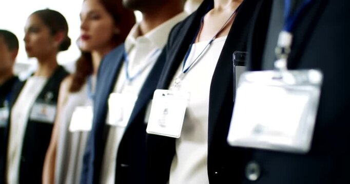 Diverse group of professionals standing in a line, wearing lanyards with identification badges at a conference or event.