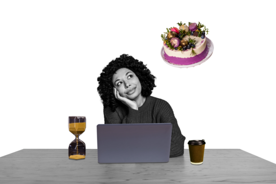 Composite photo collage of happy american girl sit laptop hourglass time limit coffee cup dream cake dessert isolated on painted background