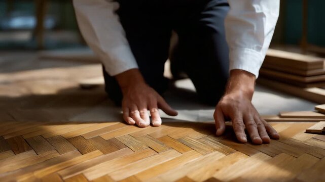 Craftsman installing custom herringbone wooden floor, emotion of concentration and pride visible, representing traditional carpentry, design precision, and artisanal flooring craftsmanship.