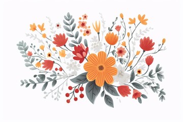 Obraz premium Hand drawn floral bouquet featuring vibrant orange, red, and white blossoms, creating a cheerful and elegant design