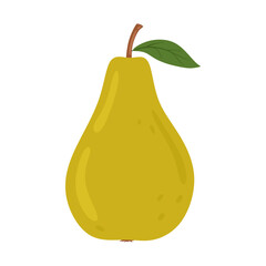 Pear fruit icon. Fresh and sweet food in cartoon style. Healthy natural fruit with leaf and stem. Organic summer eating, nutrition. Colored flat vector illustration isolated on white background