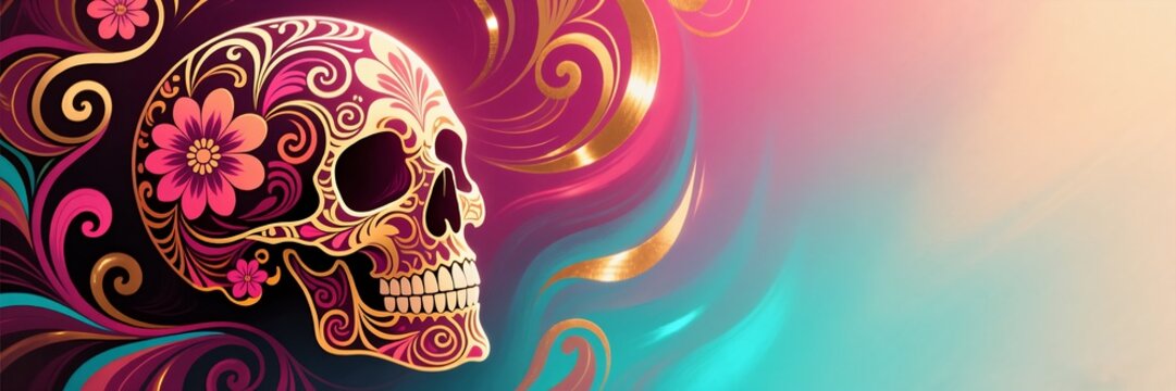 Día de los Muertos banner with a decorated sugar skull. Mexican calavera with floral and gold patterns for the Day of the Dead holiday. Abstract background with copy space - Powered by Adobe