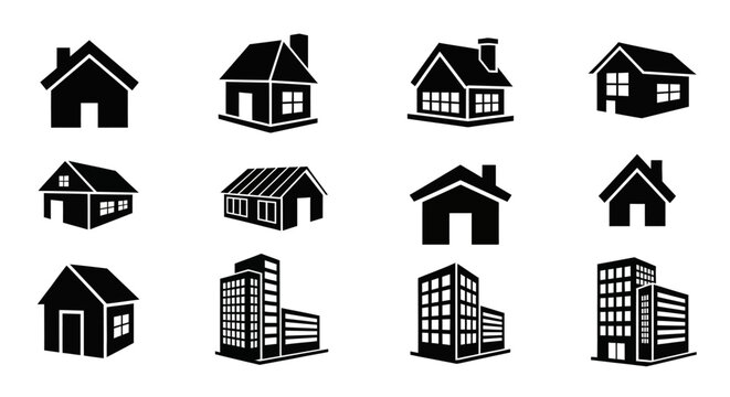 Diverse collection of black and white vector house and building icons, ideal for architectural projects, real estate presentations, web interfaces, and app design, showcasing various property styles