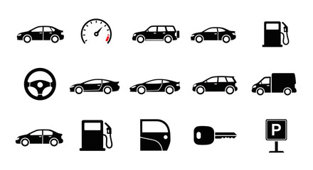 Set of vehicle icons including cars, trucks, gas pumps, a steering wheel, and a car key, perfect for automotive industry and transportation themes