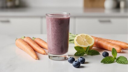 A glass of purple smoothie with fresh carrots, blueberries, mint, and lemon on a counter