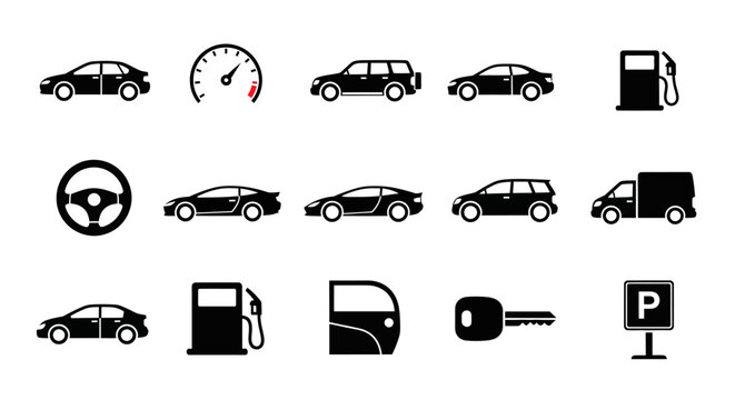 Set of vehicle icons including cars, trucks, gas pumps, a steering wheel, and a car key, perfect for automotive industry and transportation themes