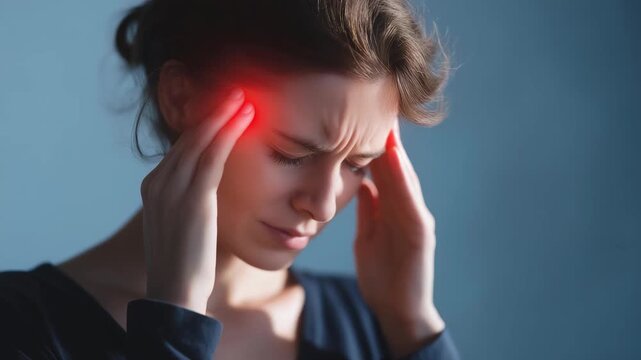 Illustration of human silhouette with red area highlighting headache location, emotion of fatigue and pressure visible, representing migraine concept, neurological care, and stress-related health
