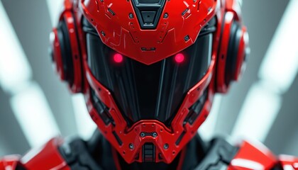 Close up of striking futuristic red robotic helmet. Glowing red eyes enhance advanced design, intricate tech details. Artificial intelligence, cybernetic innovation visually clear. Sleek armor,