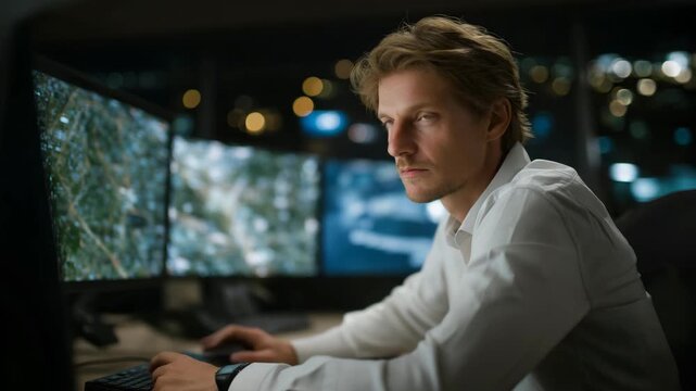 Investigator in high-tech command center analyzing real-time AR data feed from crime scene drones, symbolizing remote forensics, intelligent surveillance, and digital law enforcement innovation.