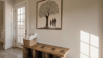Bright entryway featuring a framed tree art, a bench with cubbies, and a wicker basket