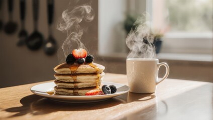 A stack of pancakes with berries & syrup, steam rising, beside a mug on a wooden table