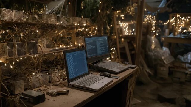 GPU-based crypto mining setup in a dimly lit basement filled with wires, LED lights, and cooling fans, emotion of dedication visible, symbolizing grassroots mining culture, home-based digital - Powered by Adobe