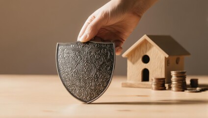 Hand placing a decorative shield near a wooden house and coins. Protective concept