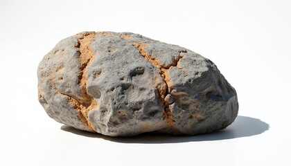 Closeup studio photo isolated on white. Gray rock with brown veins against plain background. Object shows texture and natural formation. Mineral sample.