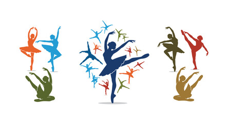 Naklejka premium Colorful ballet dancers in elegant poses showcase artistic movement and grace perfect for dance studio promotions and expressive art projects