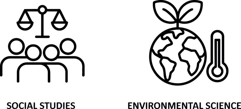 Minimalist line art icons social studies justice and environmental science planet growth vector