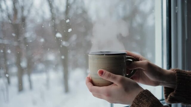 Enjoying hot drink while snow falls outside the window