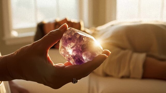 Person Holds Amethyst Crystal Above Relaxed Person Near Window Light