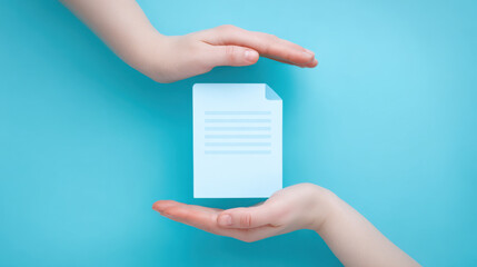 Protective hands surrounding document icon on blue background symbolizing security and care in digital file management