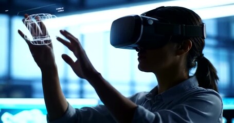 Person wearing a virtual reality headset interacts with a glowing holographic object in a futuristic tech environment. - Powered by Adobe