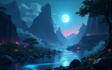 Sci-Fi Landscape Under Moonlit Sky
