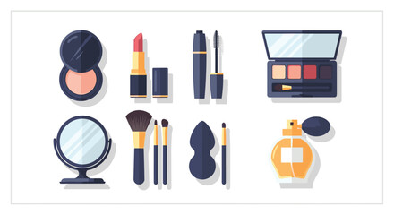 Obraz premium Elegant cosmetic collection featuring lipstick, mascara, eyeshadow, brushes, mirror, and perfume bottle for beauty routines