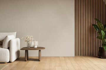 Minimalist living room with soft beige walls, wooden slat accents, cozy sofa, and natural light....