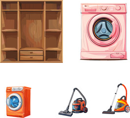 vector illustration of household appliances icons in color style, Set of vacuum cleaners, wardrobe, washing machine in color style