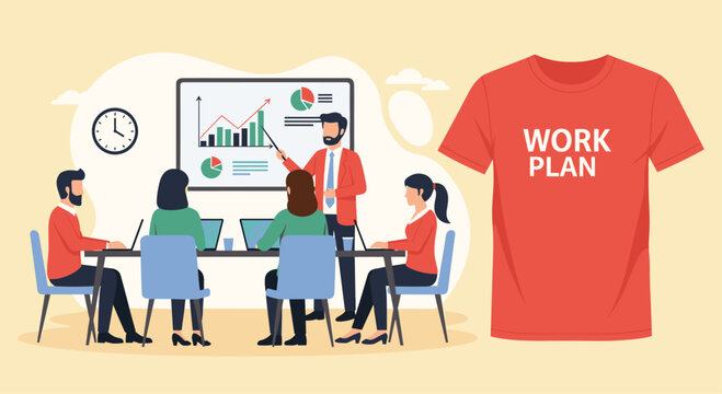 Team collaborates effectively in modern office presentation discussing growth strategy and work plan