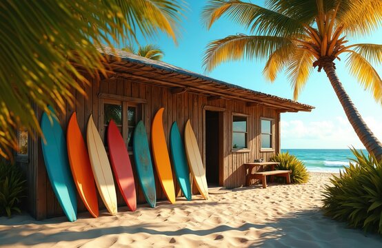 Colorful surfboards lean on wooden surf shack by clear ocean. Sandy beach, leaning palm tree, blue sky complete tropical vacation scene. Waves break in background, creating perfect surf spot vibe now.