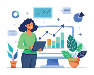 Woman analyzing data on computer screen isolated on white background for business insights and growth