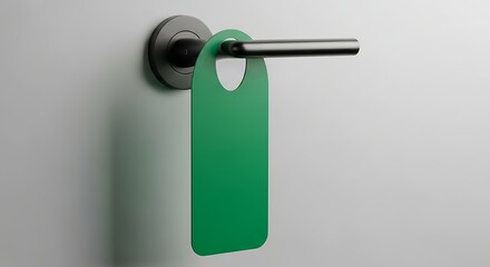 Green Do Not Disturb Sign Hanging on Modern Hotel Door Handle, Subtle Shadow Play.